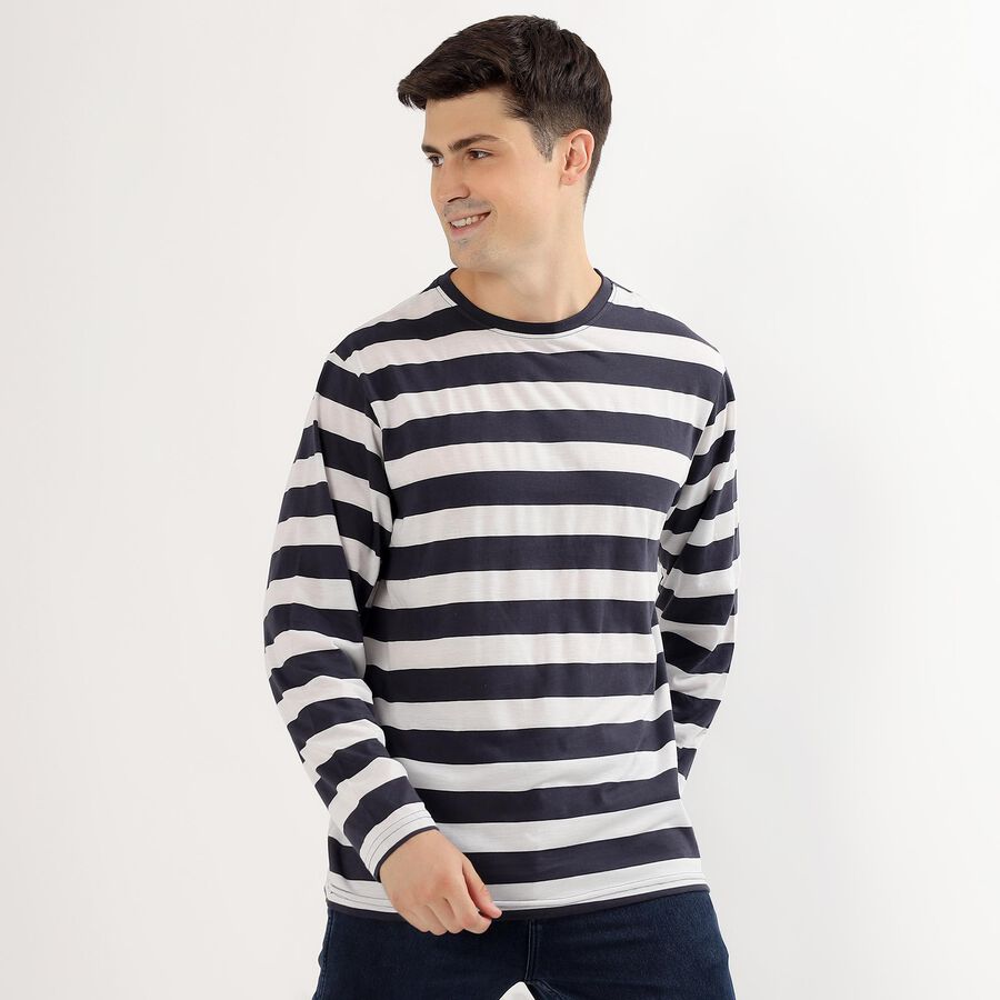 Men's Navy and White Crew Neck Casual T-Shirt, मध्यम नीला, large image number null