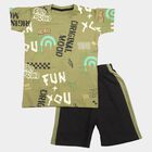 Boys Olive Green 100% Cotton Crew Neck Graphic Print Baba Suit, ओलिव, small