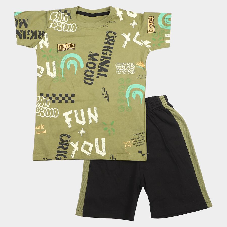 Boys Olive Green 100% Cotton Crew Neck Graphic Print Baba Suit, ओलिव, large