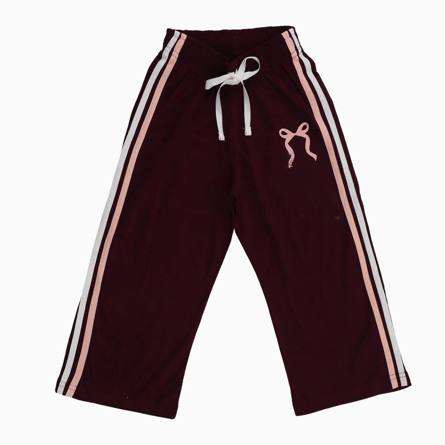 Girls' Deep Maroon Cotton Blend Bow Print Pyjama, वाइन, large image number null