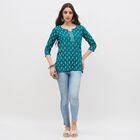 Women's Deep Teal Blue Notch Neck Printed Kurti, Mid Blue, small image number null