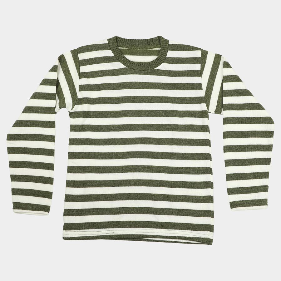 Boys' Olive Green Crew Neck Striped Pullover, ओलिव, large