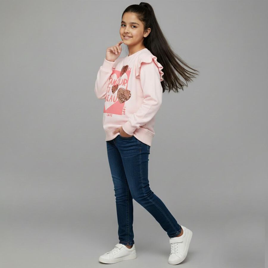 Girls Light Pink Crew Neck Ruffle Sleeve Graphic Sweatshirt, हल्का गुलाबी, large image number null