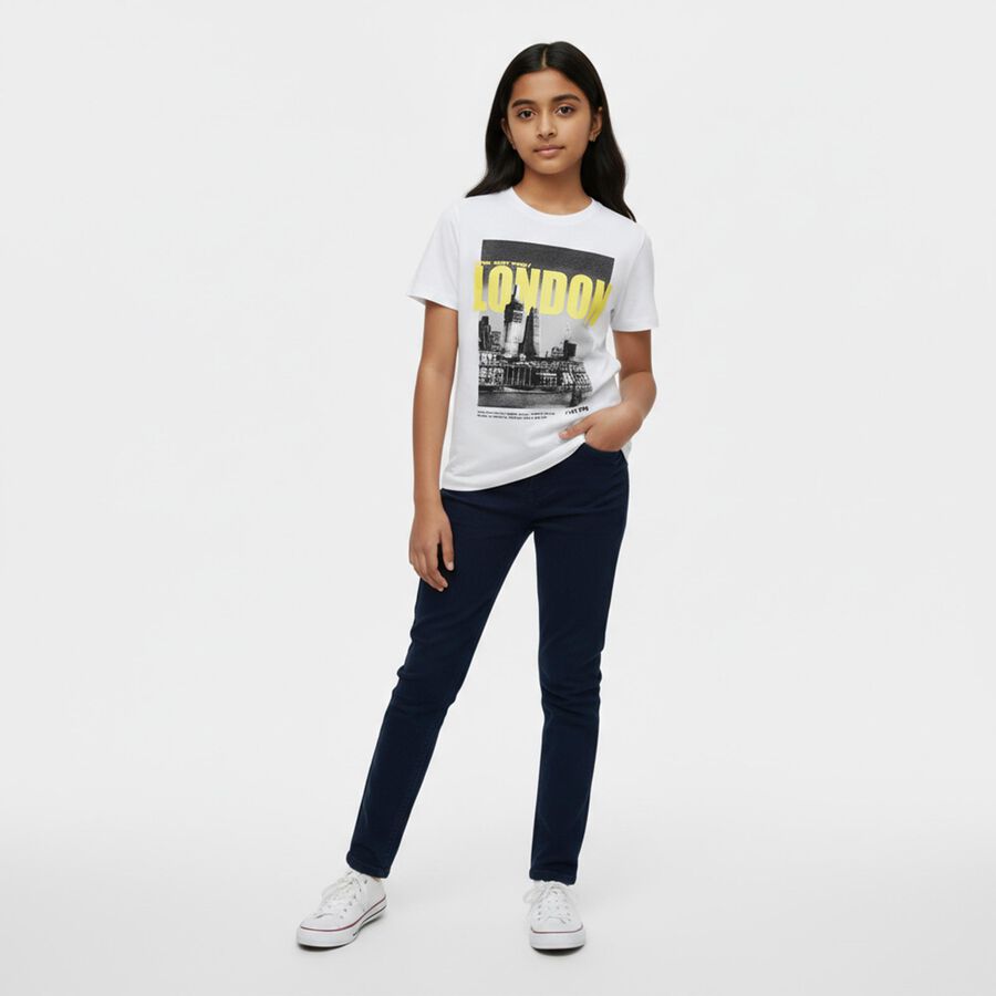 Girls' White Cotton Round Neck Casual T-Shirt, सफ़ेद, large