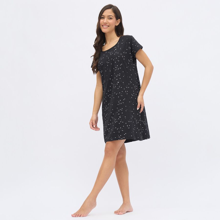 Women's Black Cotton Scoop Neck Casual Nighty, काला, large image number null