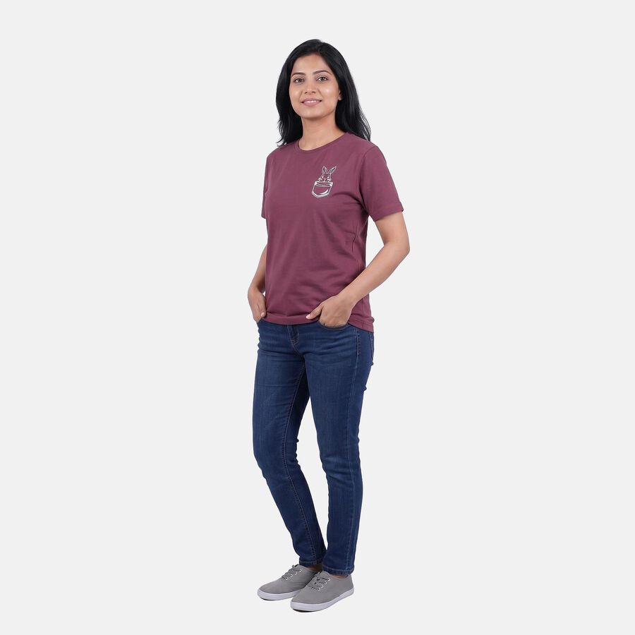 Women Purple Round Neck Casual T-Shirt, Purple, large