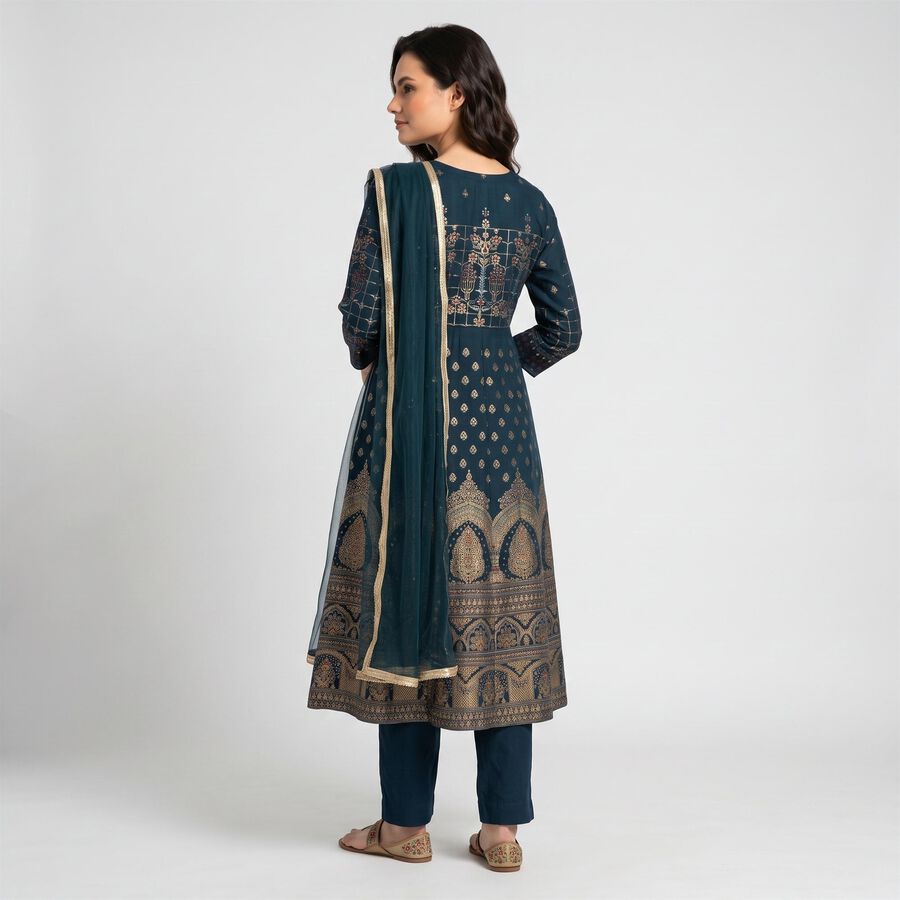 Women's Teal Embroidered Ethnic Set, Teal Blue, large