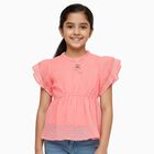 Girls Bright Coral Round Neck Casual T-Shirt, मूँगा (कोरल), small