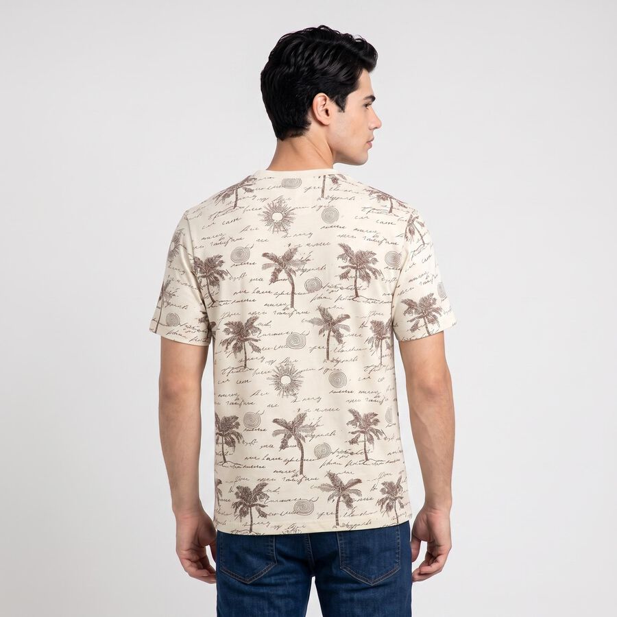 Men's Beige Round Neck Regular Printed T-Shirt, गहरा पीला, large