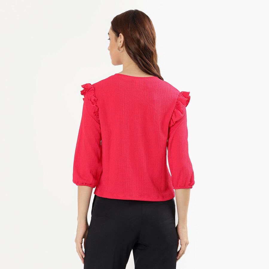Women's Bright Pink Cotton Round Neck Ruffle Sleeve Top, Pink, large