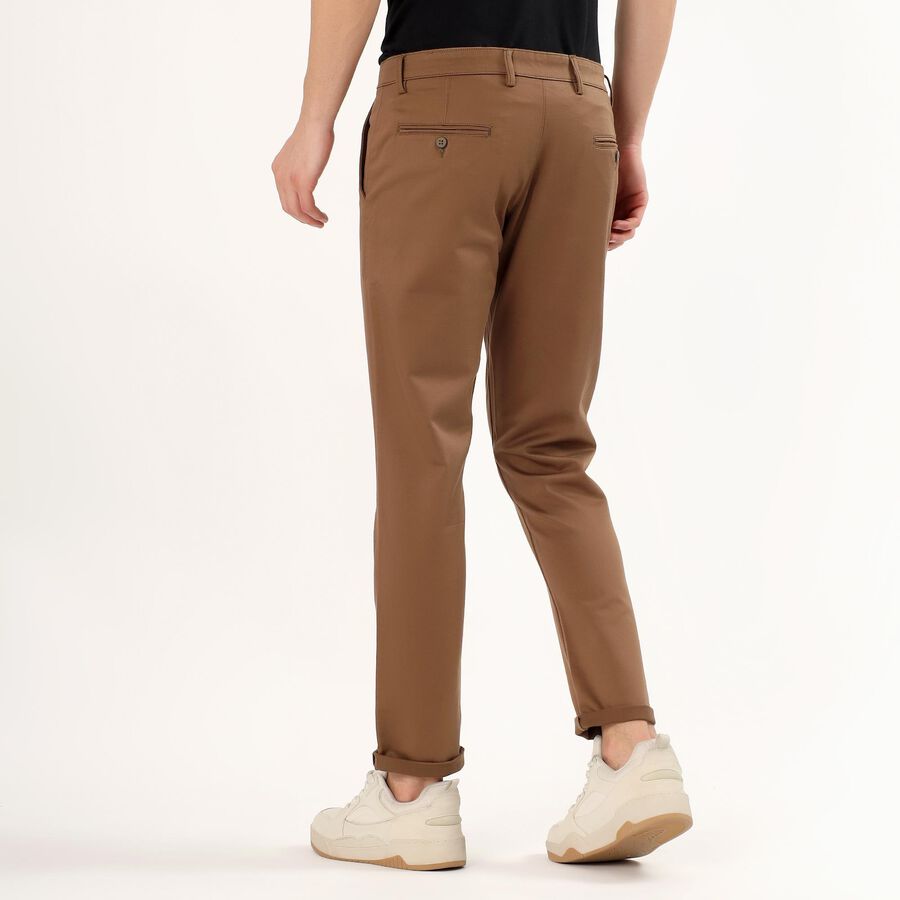 Men's Warm Chestnut Brown Slim Fit Flat-Front Casual Trousers, भूरा, large