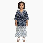 Girls' Deep Navy Blue Wrap-Style Floral Printed Kurta and Palazzo Fusion Set, Navy Blue, small