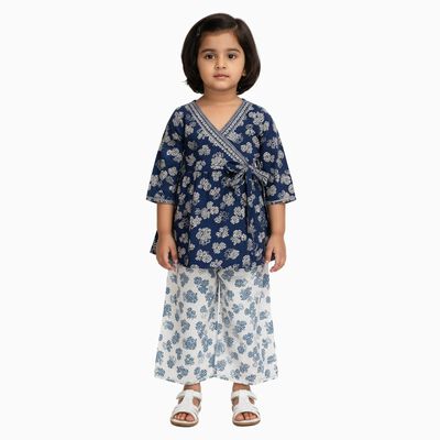 Girls' Deep Navy Blue Wrap-Style Floral Printed Kurta and Palazzo Fusion Set