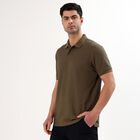 Men's Olive Green Polo Neck Textured T-Shirt, Olive, small