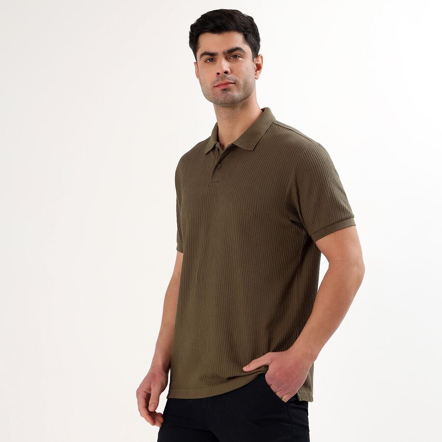 Men's Olive Green Polo Neck Textured T-Shirt, Olive, large