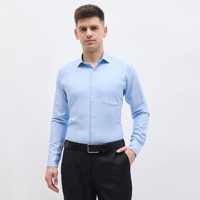 Men's Light Blue Cotton Blend Classic Collar Slim Fit Formal Shirt