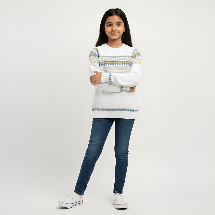 Girls' Rich Eggshell White Crew Neck Casual Pullover, White, large image number null