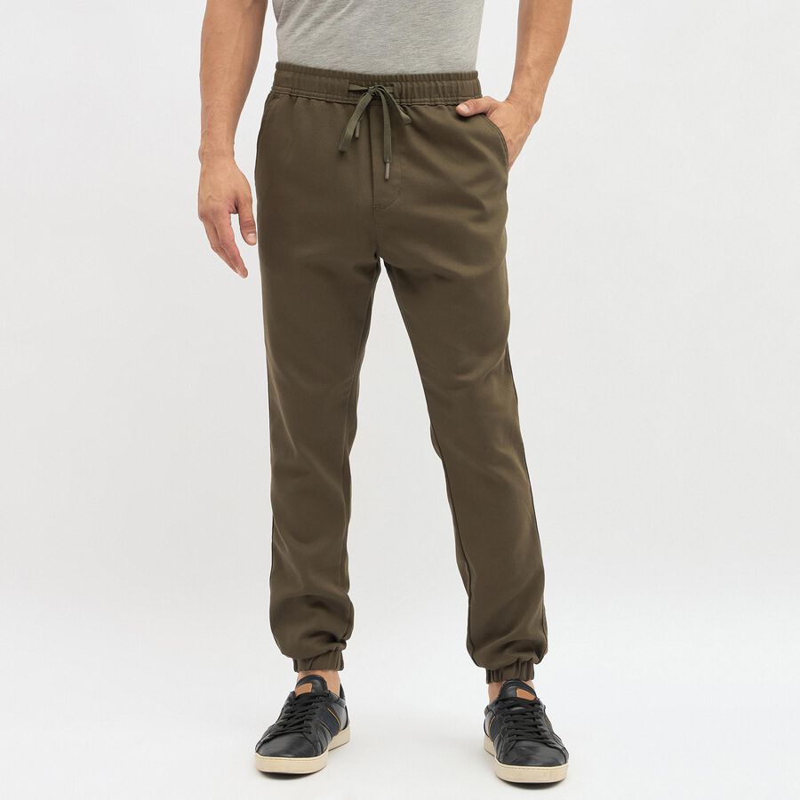 Men's Muted Olive Green Slim Fit Elastic Waist Casual Trousers, Olive, large image number null