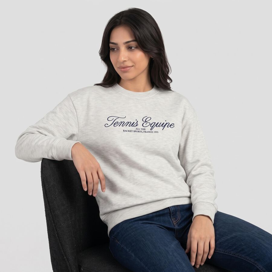 Women Grey Crew Neck Pullover Sweatshirt, Melange Light Grey, large
