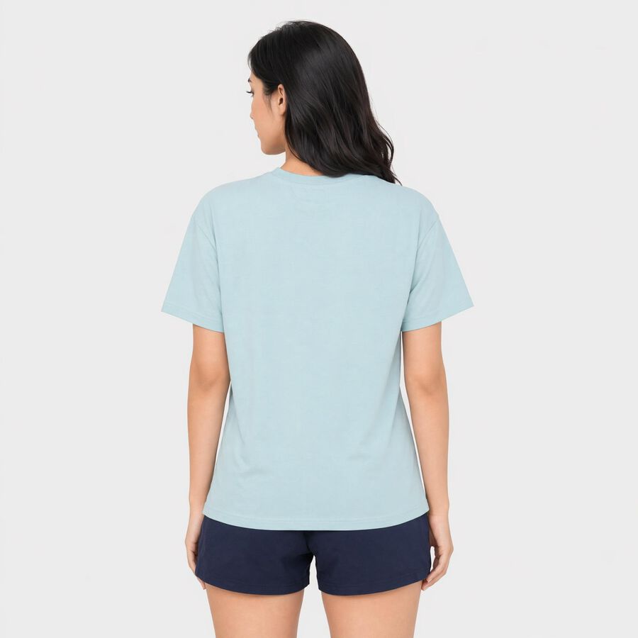 Women Light Blue Cotton Round Neck Regular T-Shirt, नीला, large