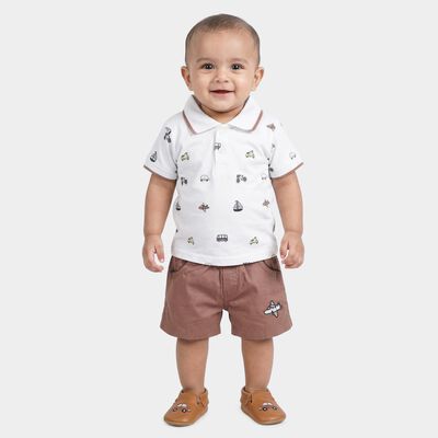 Infants' Brown Cotton Round Neck Cartoon Print Baba Suit