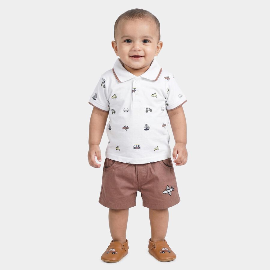 Infants' Brown Cotton Round Neck Cartoon Print Baba Suit, भूरा, large