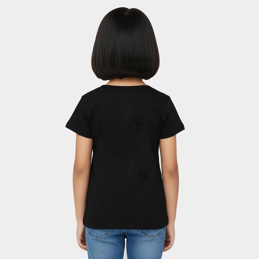 Girls' Black Cotton Round Neck Butterfly Printed T-Shirt, Black, large