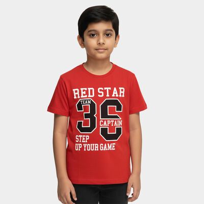 Boys Bright Cherry Red Crew Neck Casual Graphic T-Shirt