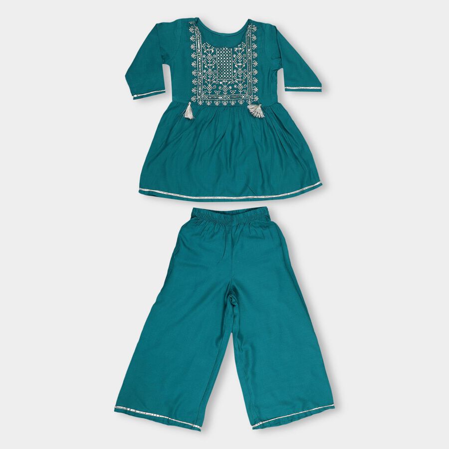 Girls' Teal Green Embroidered Kurta and Palazzo Fusion Set, Light Green, large image number null