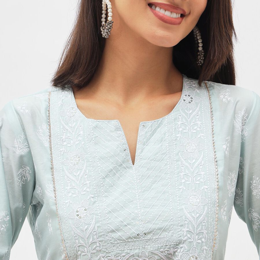 Women's Light Powder Blue Notch Neck Embroidered Kurta, Light Blue, large image number null