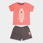 Boys' Coral Cotton Round Neck Cartoon Print Baba Suit, Coral, small image number null