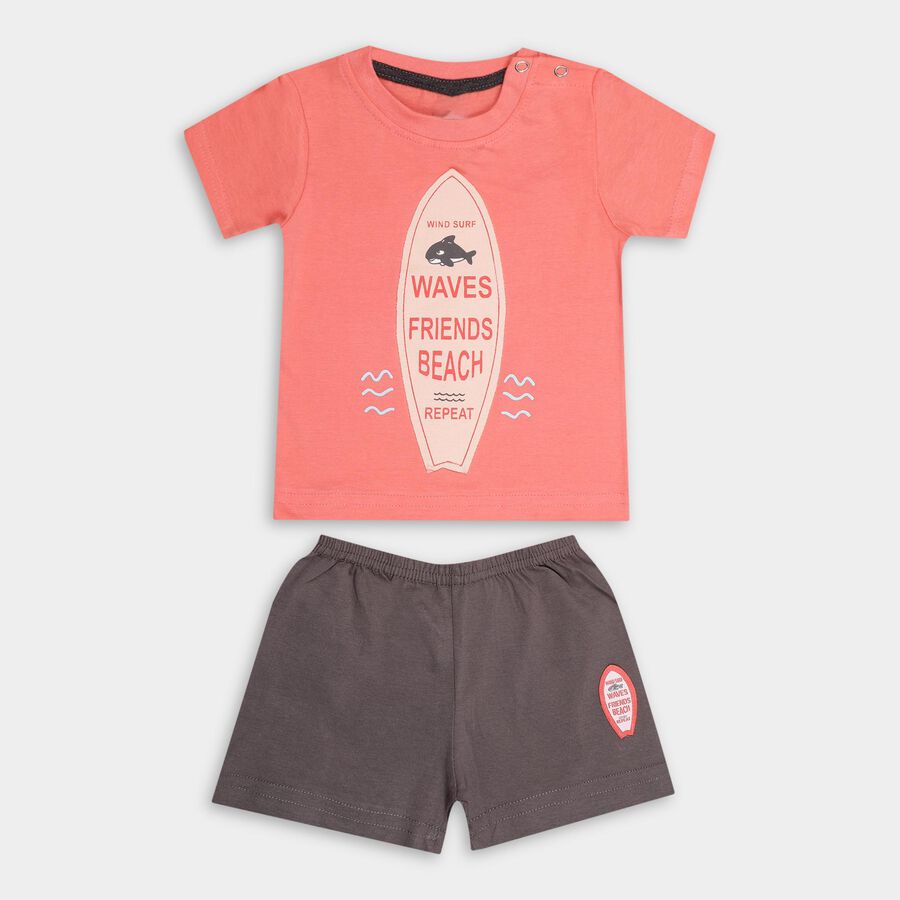 Boys' Coral Cotton Round Neck Cartoon Print Baba Suit, Coral, large image number null