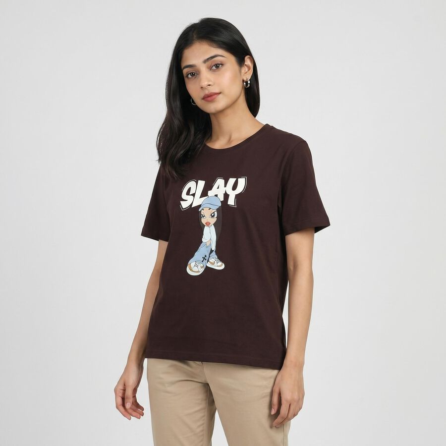 Women's Wine Cotton Round Neck Regular T-Shirt, वाइन, large