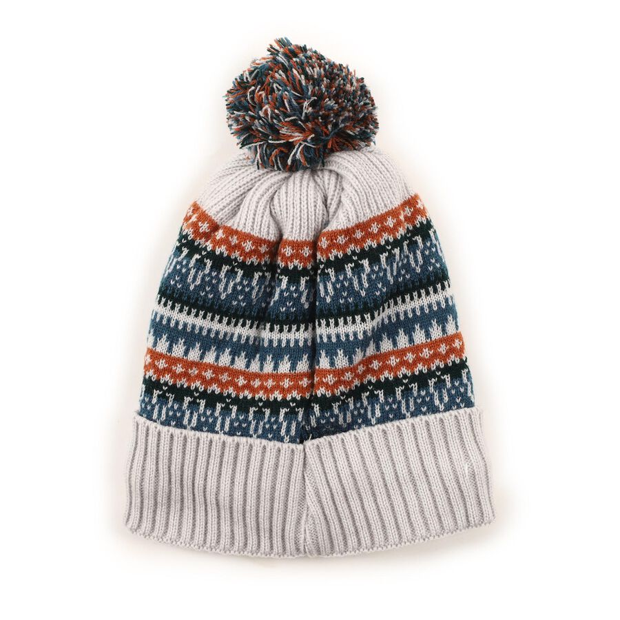 Boys' Light Grey Fair Isle Knitted Beanie with Pom-Pom, Light Grey, large image number null