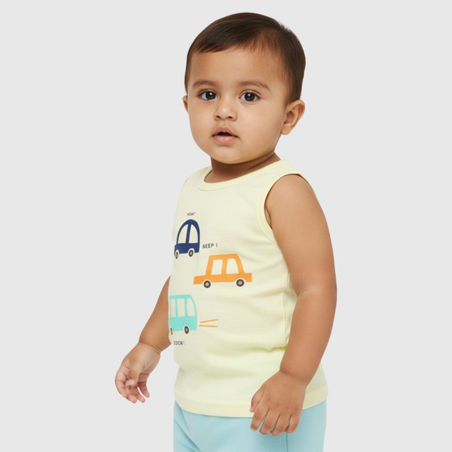 Infants' Soft Pastel Yellow Cotton Round Neck Casual Vest, Yellow, large image number null