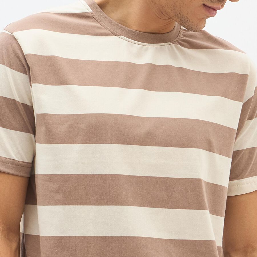 Men's Beige Round Neck Striped T-Shirt, Beige, large image number null
