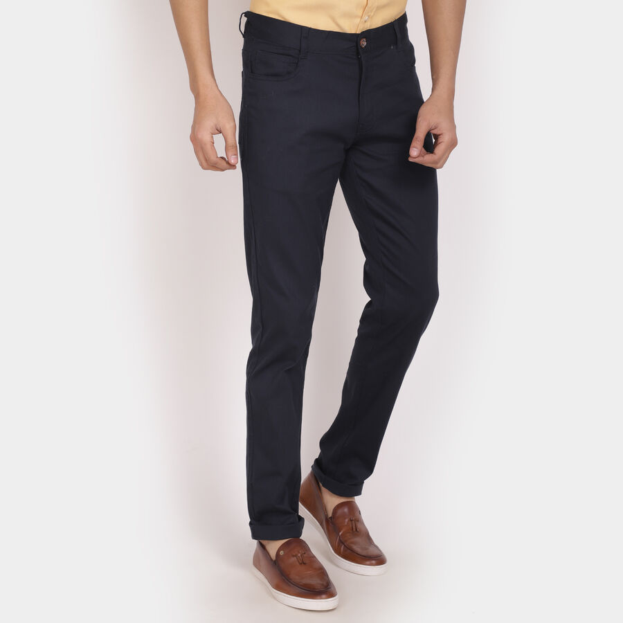 Solid Slim Fit Casual Trousers, Navy Blue, large image number null