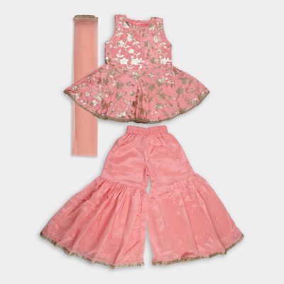 Girls' Bright Coral Pink Embroidered Sleeveless Top and Sharara Fusion Set