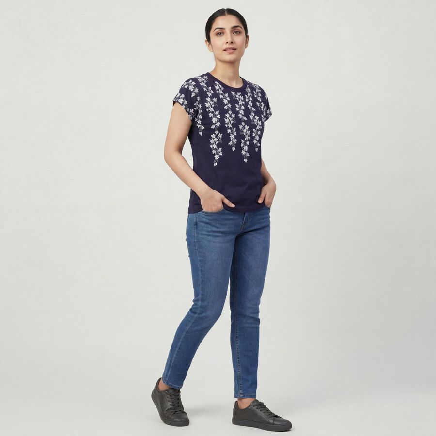 Women's Navy Blue Round Neck Casual T-Shirt, Navy Blue, large