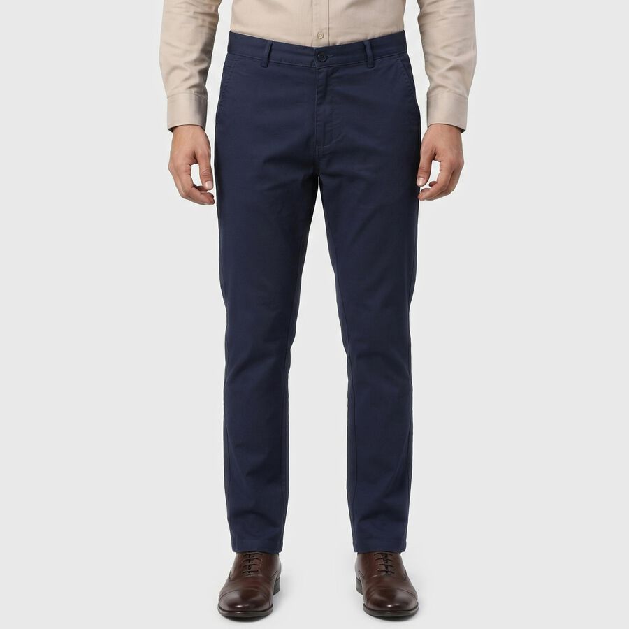 Men's Navy Blue Slim Fit Casual Trousers, गहरा नीला, large