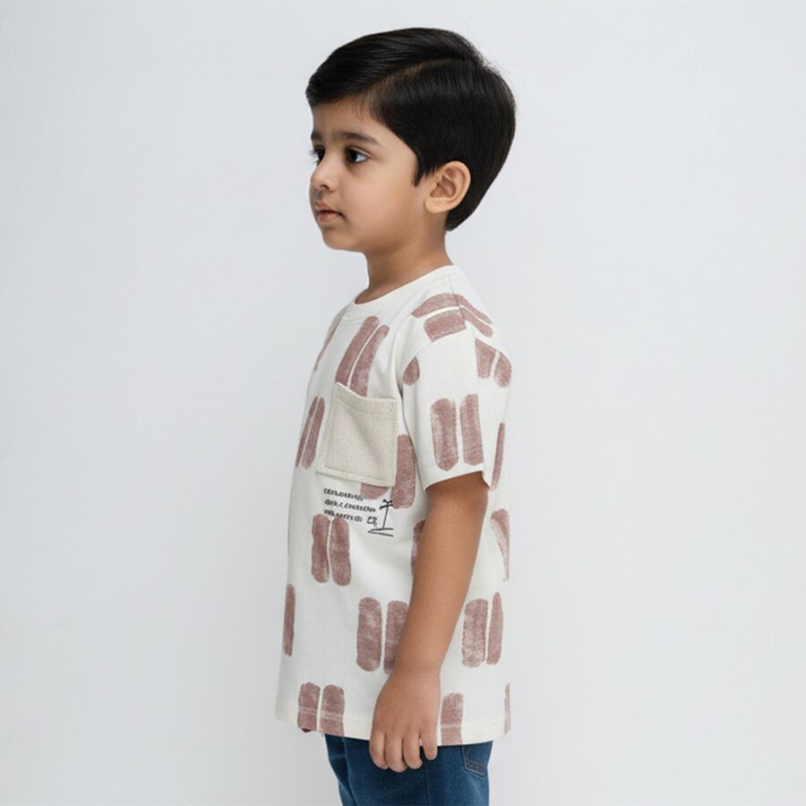 Boys Off-White Cotton Round Neck Casual T-Shirt, भूरा, large image number null