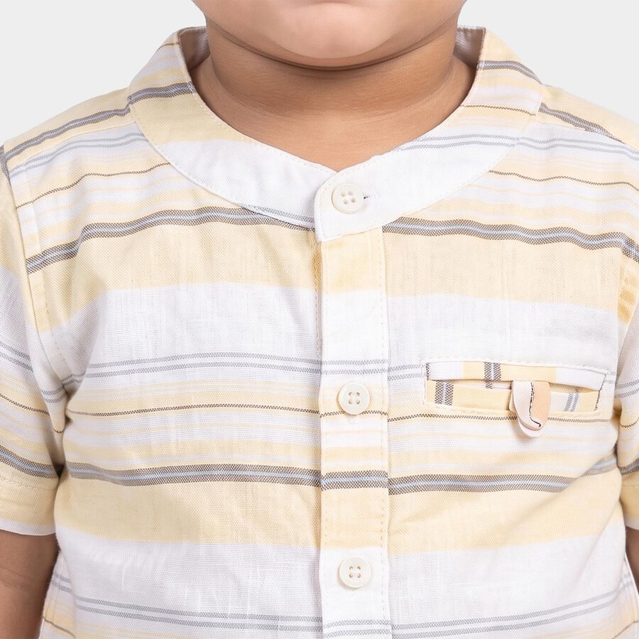 Infants' Yellow Cotton Short Sleeves Mandarin Collar Striped Shirt, Yellow, large