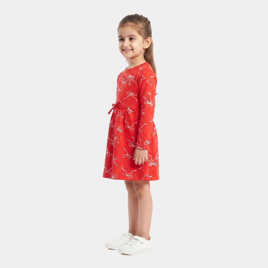 Girls' Red Bow Printed Fit and Flare Frock, Red, large