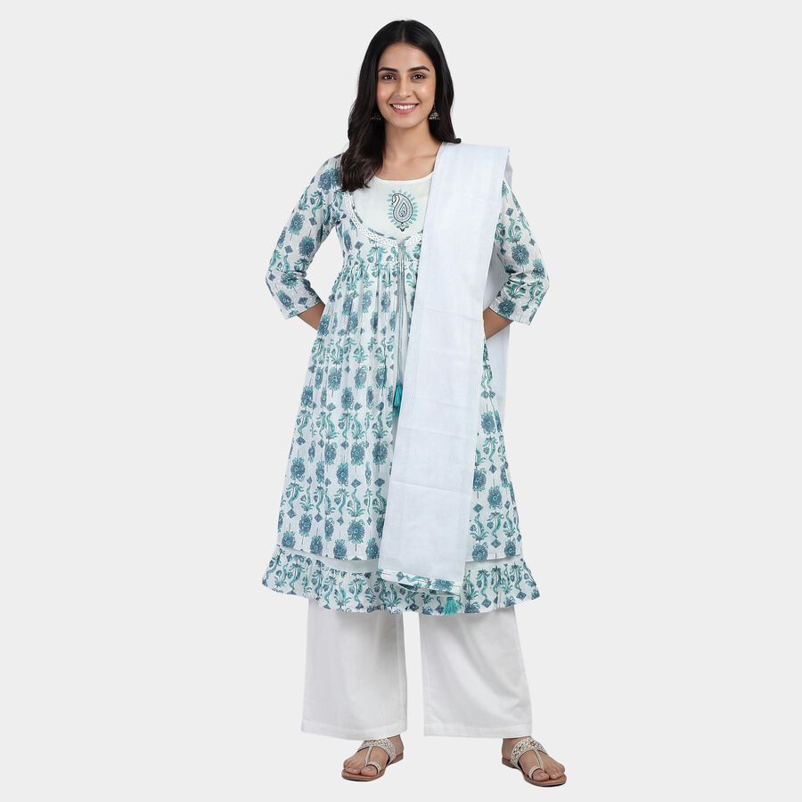 Women's White 100% Cotton Notch Neck Printed Kurta, Off White, large