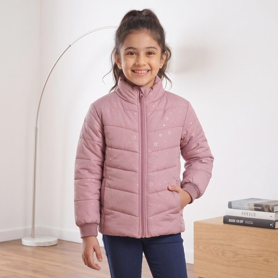 Girls Pink Stand Collar Puffer Jacket, गुलाबी, large
