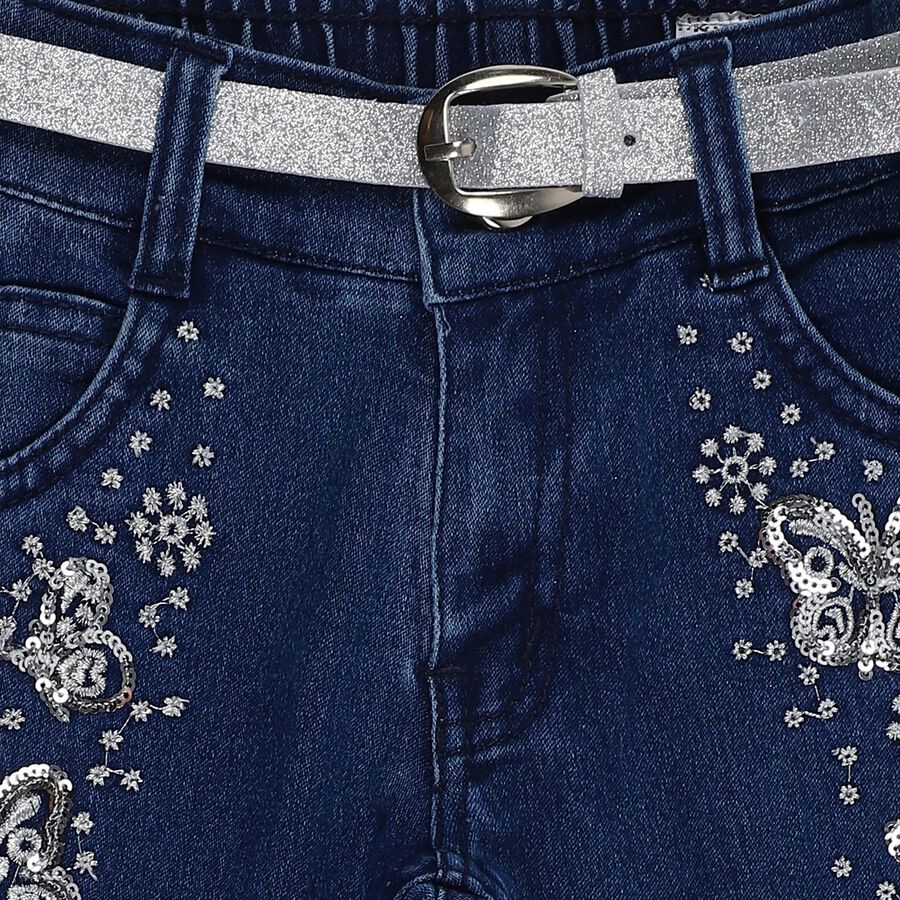 Girls' Navy Blue Regular Fit Butterfly Embroidered Jeans, Dark Blue, large