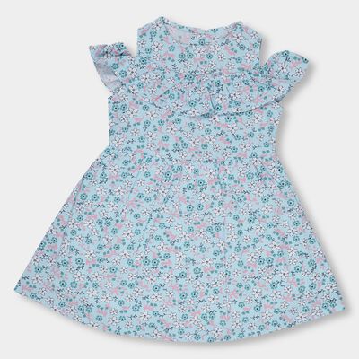 Girls' Light Sky Blue Floral Printed Flared Frock