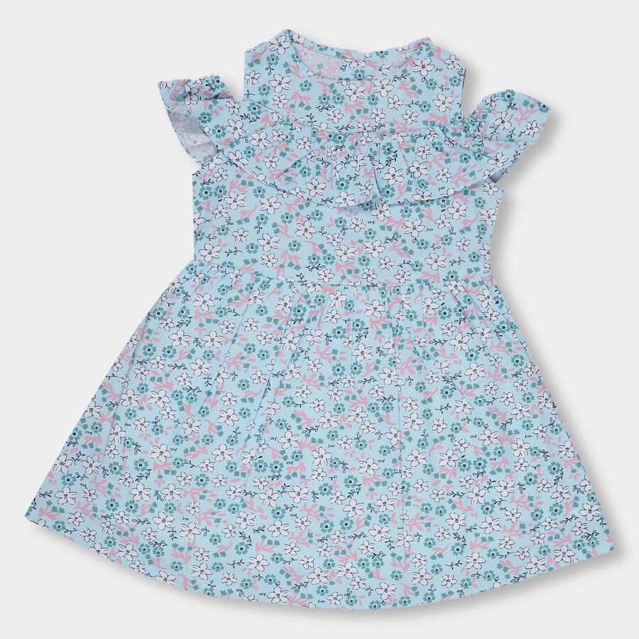 Girls' Light Sky Blue Floral Printed Flared Frock, Light Blue, large image number null