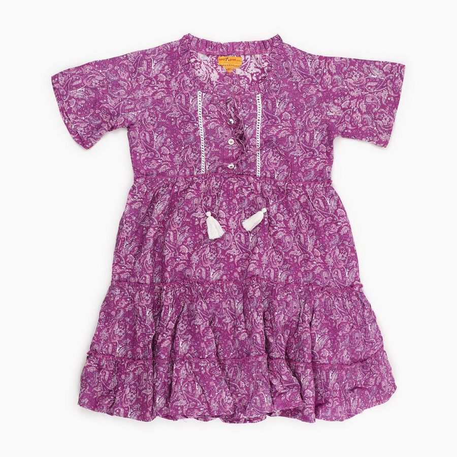 Girls' Purple Round Neck Paisley Print Tiered Dress, लाइलेक, large image number null