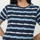 Women's Navy Blue Round Neck Striped Regular T-Shirt, नेवी ब्लू, small